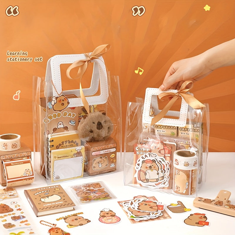 Capybara-Themed Stationery Gift Set, Fine Writing Instruments Bundle, Plastic, Yellow, with Notepads, Pens, and Accessories, for Students, Graduates, Journaling, and Birthday Presents, Age 14+