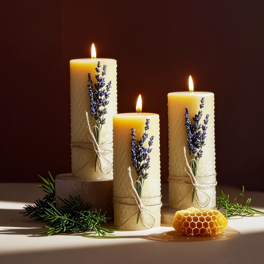 3pcs Elegant Beeswax Candle Set with Lavender & Honeycomb Design - Scented, Indoor Decorative Candles for Home, Parties, Weddings | Perfect for Christmas, Thanksgiving, Mother'S Day, and More