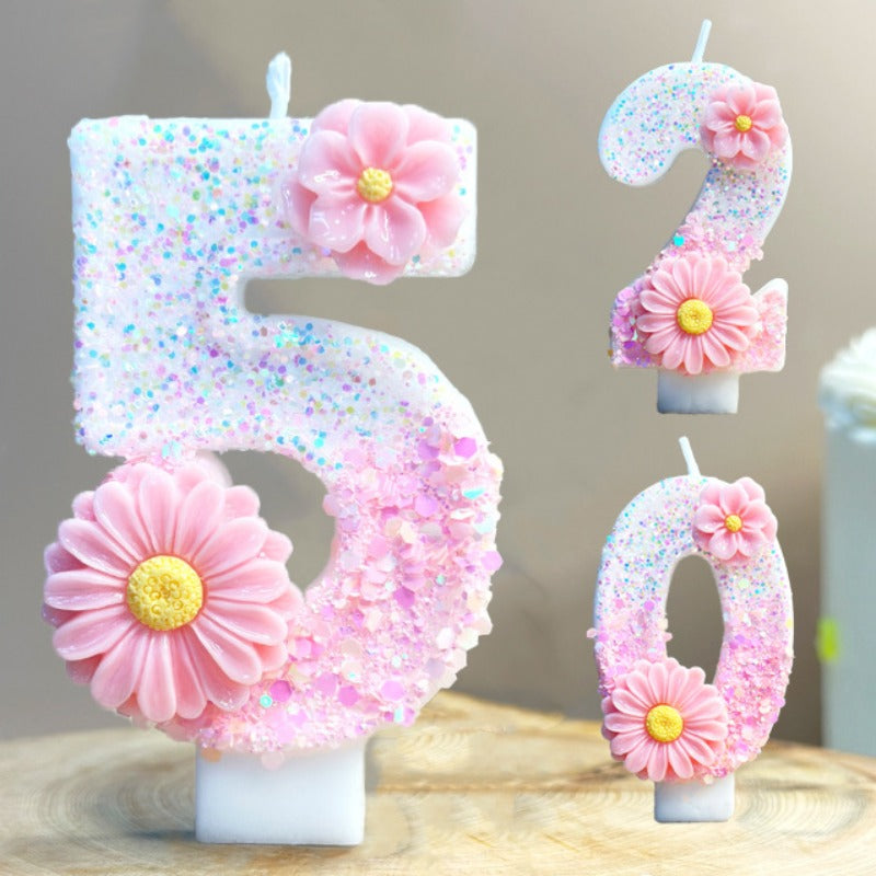 1pc Pink Glitter 3D Number Birthday Candle with Floral Design - Sparkling Single Wick Candles for Party Decor, Cake Topper & Festive Atmosphere, Celebration Accessories | Floral Embellished Candles | Sparkling Decor, Glow Par