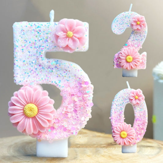 1pc Pink Glitter 3D Number Birthday Candle with Floral Design - Sparkling Single Wick Candles for Party Decor, Cake Topper & Festive Atmosphere, Celebration Accessories | Floral Embellished Candles | Sparkling Decor, Glow Par