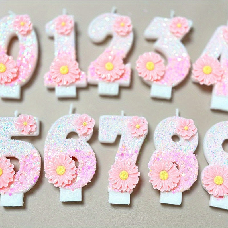 1pc Pink Glitter 3D Number Birthday Candle with Floral Design - Sparkling Single Wick Candles for Party Decor, Cake Topper & Festive Atmosphere, Celebration Accessories | Floral Embellished Candles | Sparkling Decor, Glow Par