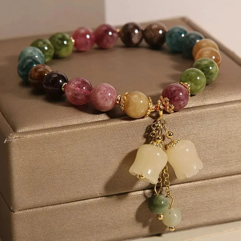Exquisite Natural Stone Bracelet Elegant Lily of The Valley Flower Pendant Elastic Beaded Bracelets for Women Party Jewelry Gift