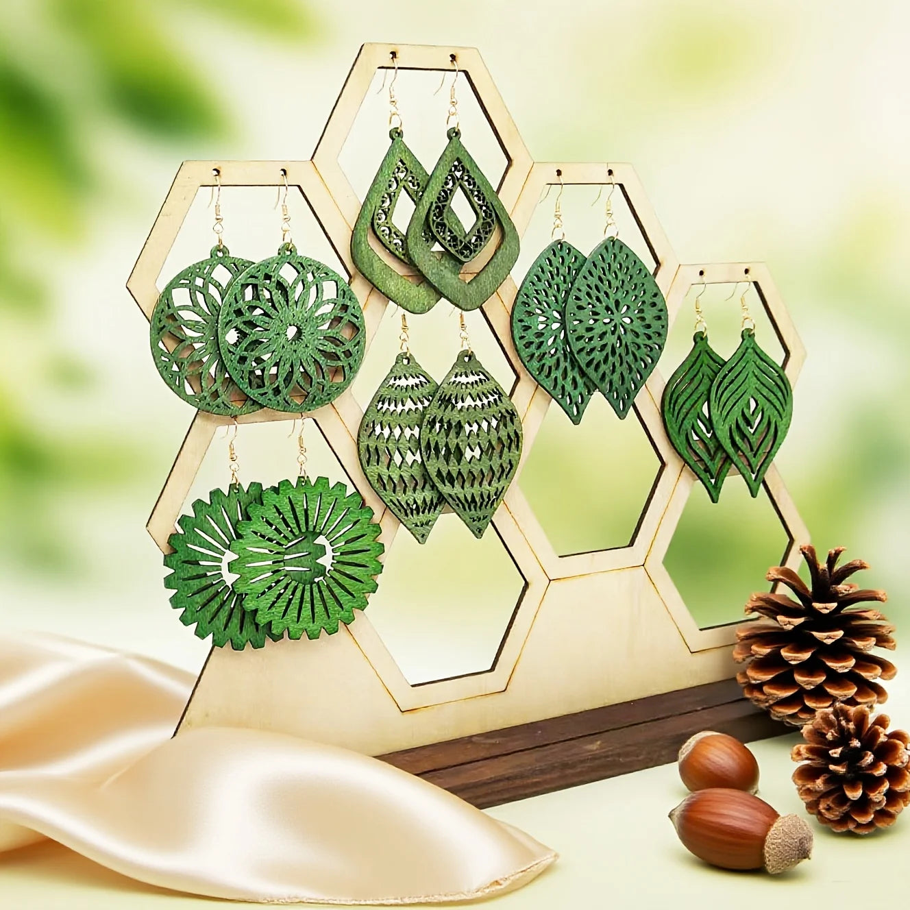 6 Pairs of Forest-Themed Hollowed-Out Green Wood Ear Rings Set, Floral and Leaf-Shaped Geometric Wooden Retro Ethnic Style Women