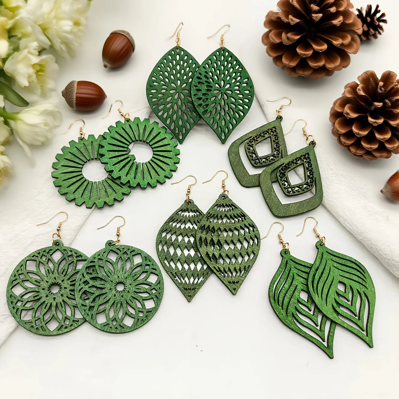 6 Pairs of Forest-Themed Hollowed-Out Green Wood Ear Rings Set, Floral and Leaf-Shaped Geometric Wooden Retro Ethnic Style Women