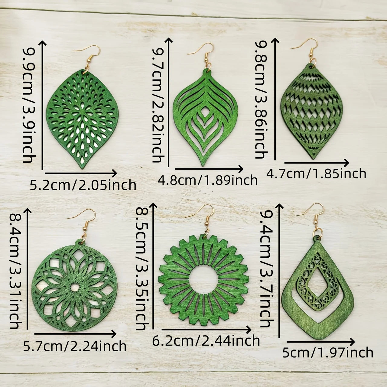 6 Pairs of Forest-Themed Hollowed-Out Green Wood Ear Rings Set, Floral and Leaf-Shaped Geometric Wooden Retro Ethnic Style Women