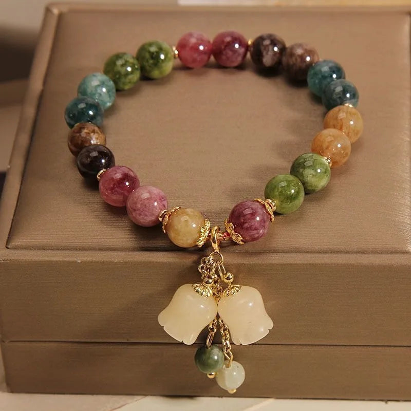 Exquisite Natural Stone Bracelet Elegant Lily of The Valley Flower Pendant Elastic Beaded Bracelets for Women Party Jewelry Gift