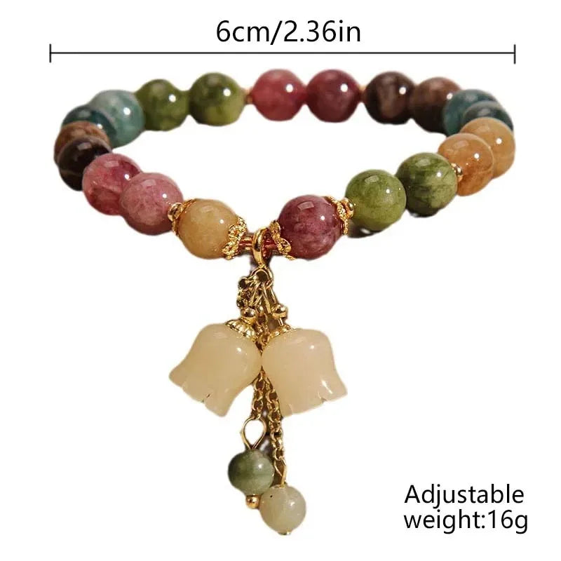 Exquisite Natural Stone Bracelet Elegant Lily of The Valley Flower Pendant Elastic Beaded Bracelets for Women Party Jewelry Gift