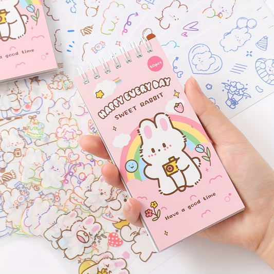 50 sheets Cute Cartoon Rabbit Stickers Set Scrapbooking Washi Stickers Waterproof PET Stickers for DIY Decorating Journaling Notebook Stationery Supplies