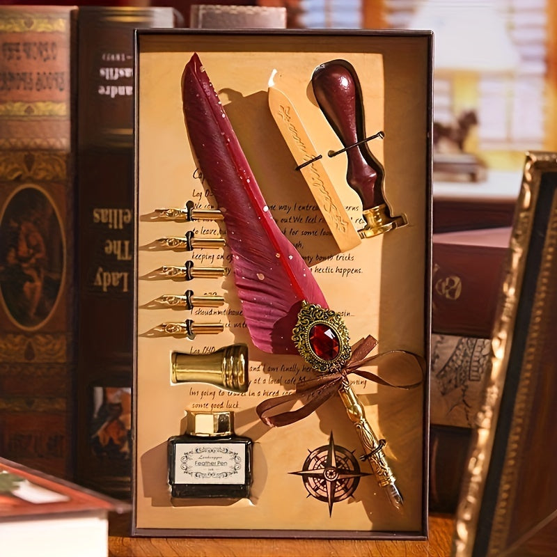 1 Set Jubaboz Calligraphy Pen Set - Luxurious Gift Box with Wax Seal, Vintage Feather & Mechanical Gear Pens - Authentic Antique Writing Experience for Artistic Ink Dipping