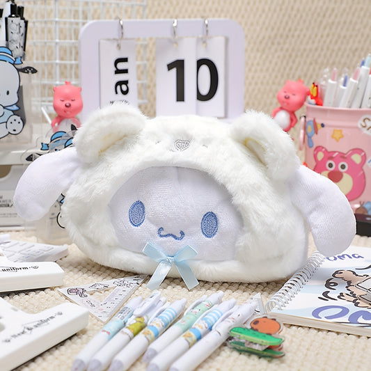 Sanrio Flannel Cartoon Dog Pen Case, Plush Tabletop Stationery Pencil Organizer, Perfect Gift for Students
