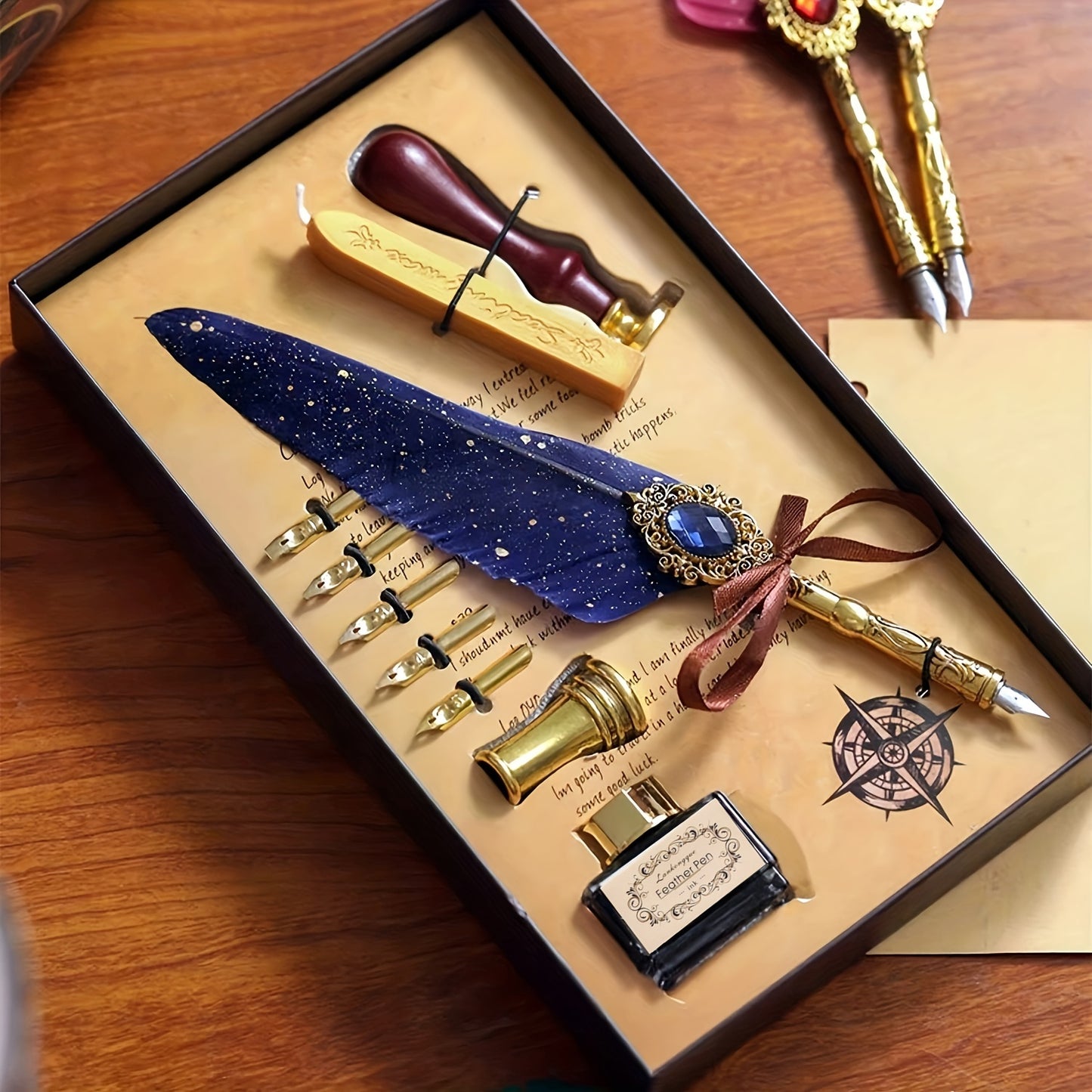 1 Set Jubaboz Calligraphy Pen Set - Luxurious Gift Box with Wax Seal, Vintage Feather & Mechanical Gear Pens - Authentic Antique Writing Experience for Artistic Ink Dipping
