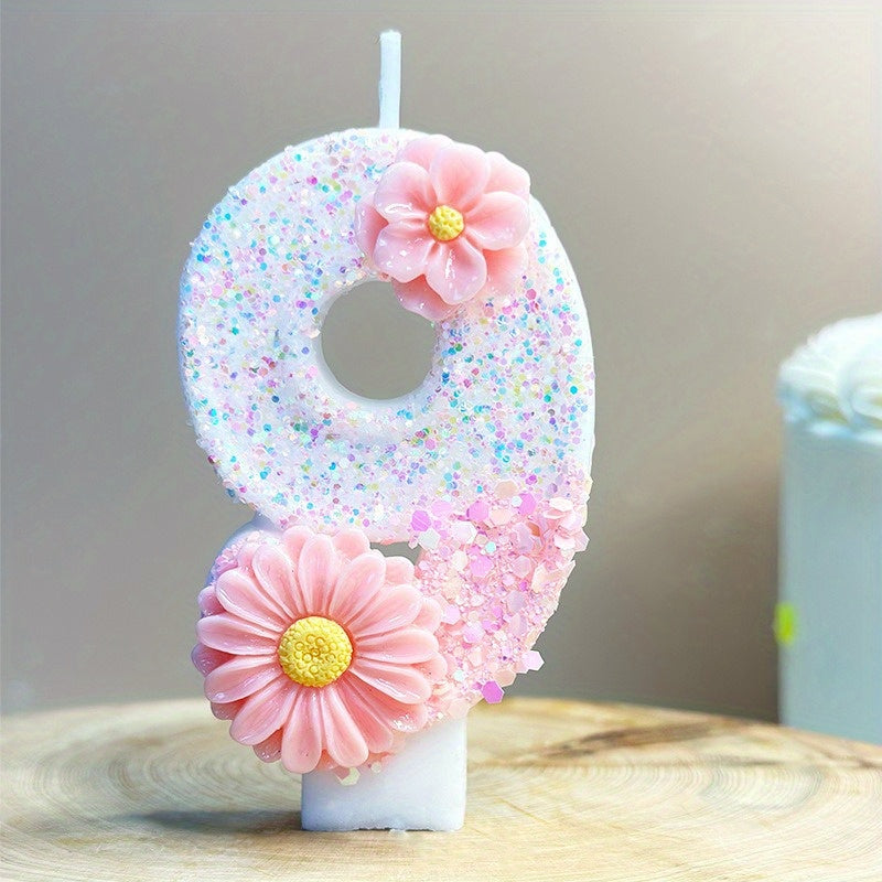 1pc Pink Glitter 3D Number Birthday Candle with Floral Design - Sparkling Single Wick Candles for Party Decor, Cake Topper & Festive Atmosphere, Celebration Accessories | Floral Embellished Candles | Sparkling Decor, Glow Par