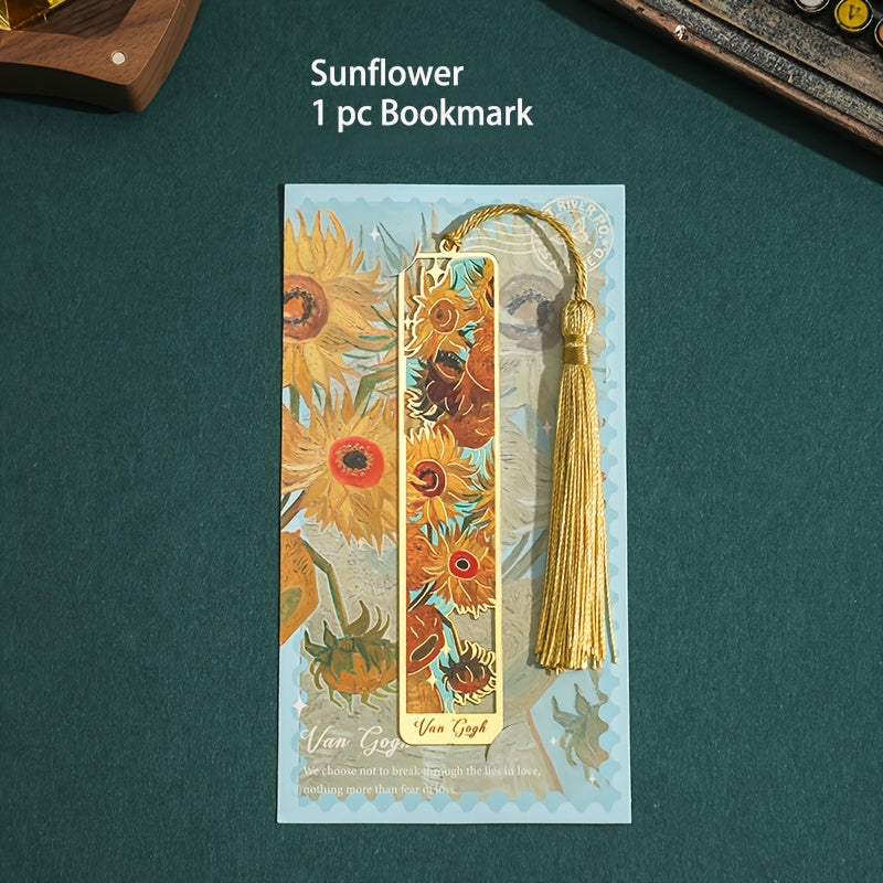 1pc Retro Floral Painting Metal Bookmark Hollow Bronzing Bookmark With Tassel Stationery Gifts For Book Club Reader Birthday Festival Writers Book Lovers Friends Teachers Students