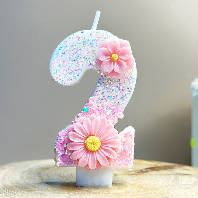 1pc Pink Glitter 3D Number Birthday Candle with Floral Design - Sparkling Single Wick Candles for Party Decor, Cake Topper & Festive Atmosphere, Celebration Accessories | Floral Embellished Candles | Sparkling Decor, Glow Par