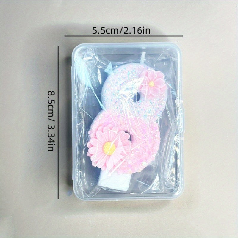 1pc Pink Glitter 3D Number Birthday Candle with Floral Design - Sparkling Single Wick Candles for Party Decor, Cake Topper & Festive Atmosphere, Celebration Accessories | Floral Embellished Candles | Sparkling Decor, Glow Par