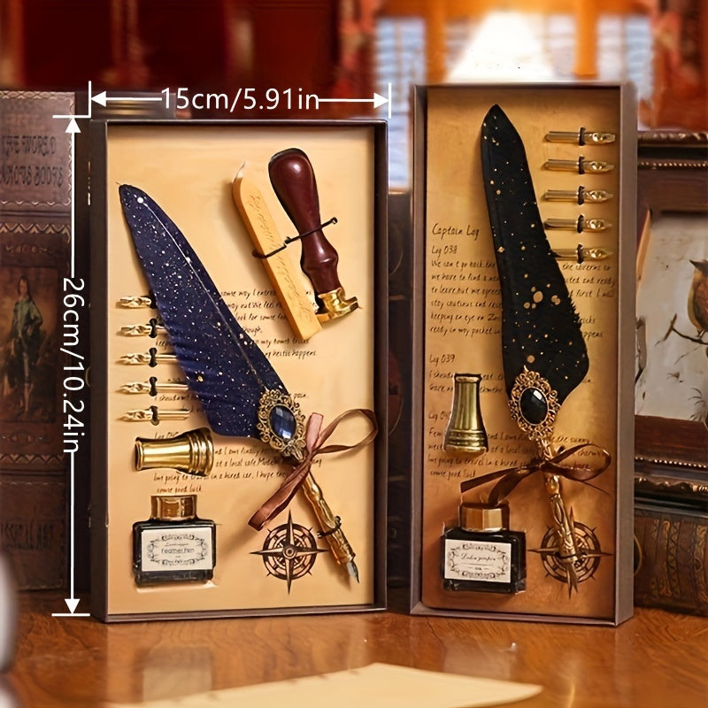 1 Set Jubaboz Calligraphy Pen Set - Luxurious Gift Box with Wax Seal, Vintage Feather & Mechanical Gear Pens - Authentic Antique Writing Experience for Artistic Ink Dipping