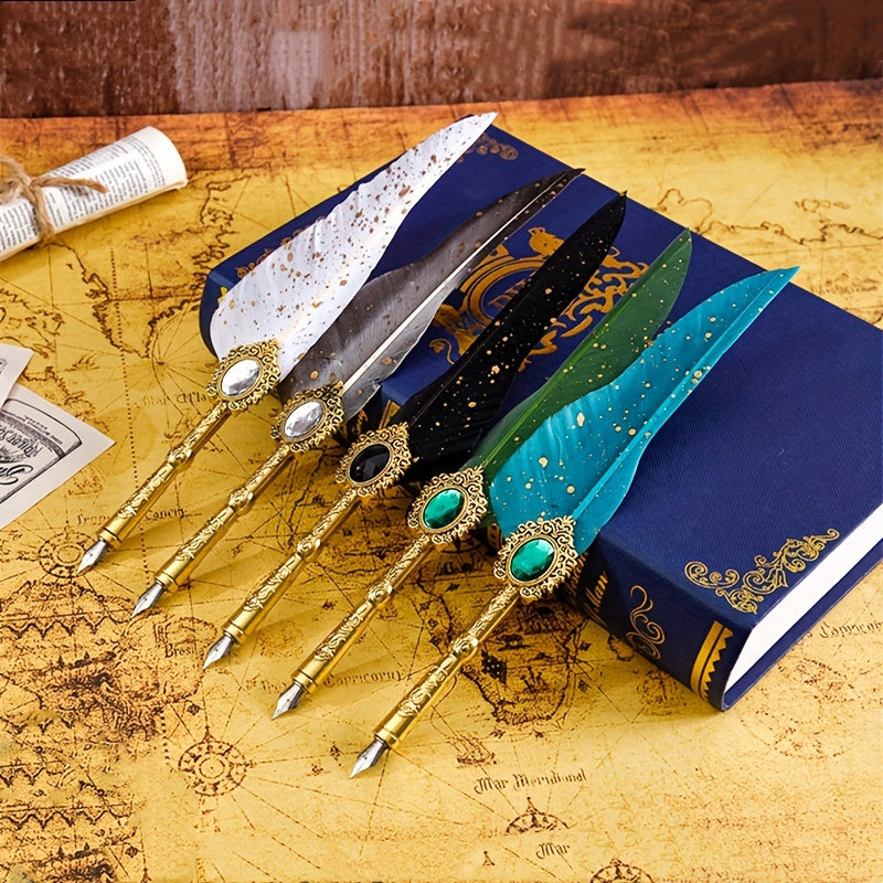 1 Set Jubaboz Calligraphy Pen Set - Luxurious Gift Box with Wax Seal, Vintage Feather & Mechanical Gear Pens - Authentic Antique Writing Experience for Artistic Ink Dipping