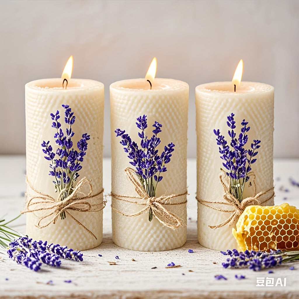 3pcs Elegant Beeswax Candle Set with Lavender & Honeycomb Design - Scented, Indoor Decorative Candles for Home, Parties, Weddings | Perfect for Christmas, Thanksgiving, Mother'S Day, and More
