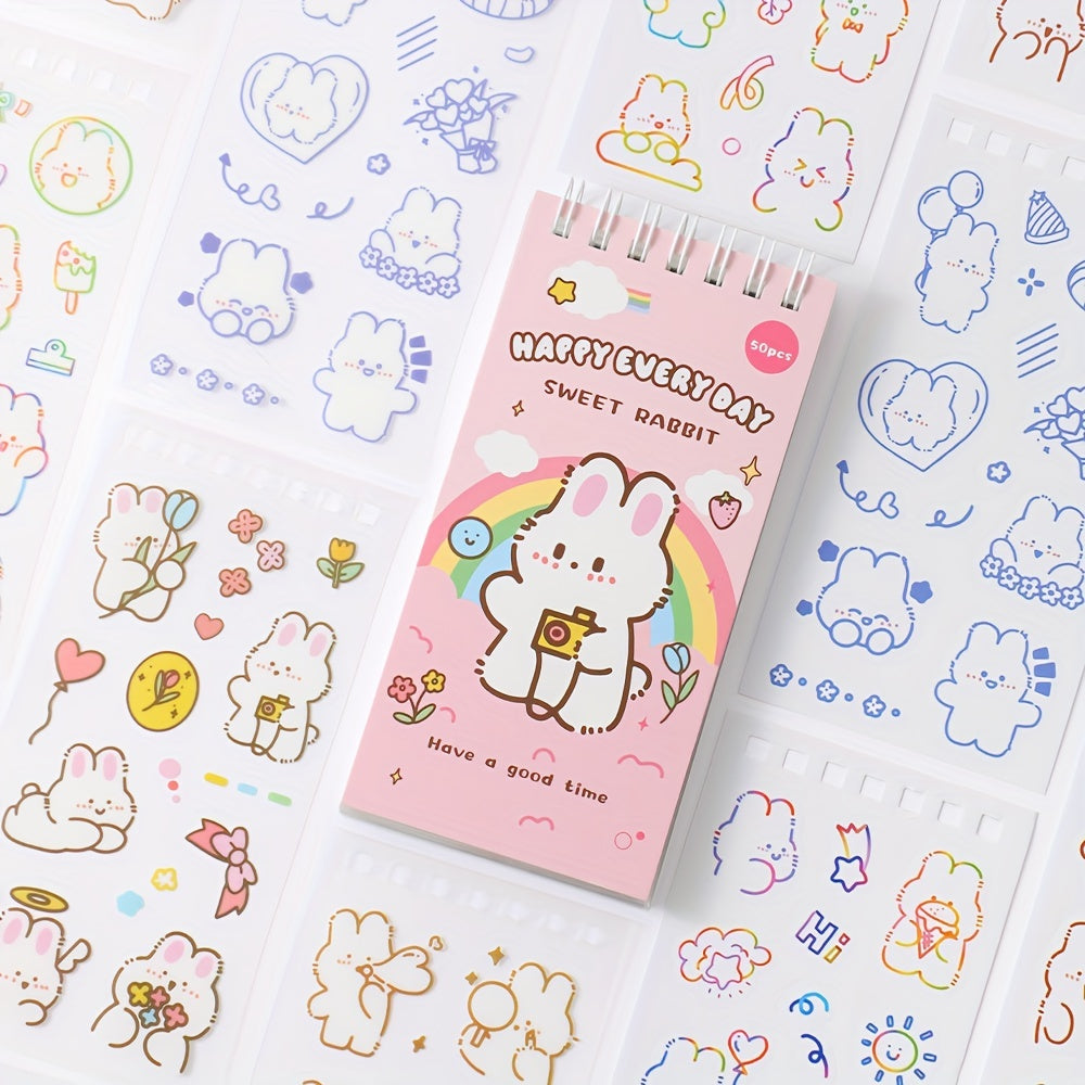 50 sheets Cute Cartoon Rabbit Stickers Set Scrapbooking Washi Stickers Waterproof PET Stickers for DIY Decorating Journaling Notebook Stationery Supplies