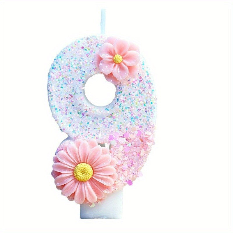 1pc Pink Glitter 3D Number Birthday Candle with Floral Design - Sparkling Single Wick Candles for Party Decor, Cake Topper & Festive Atmosphere, Celebration Accessories | Floral Embellished Candles | Sparkling Decor, Glow Par