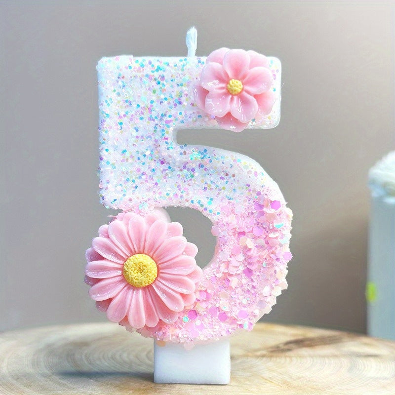 1pc Pink Glitter 3D Number Birthday Candle with Floral Design - Sparkling Single Wick Candles for Party Decor, Cake Topper & Festive Atmosphere, Celebration Accessories | Floral Embellished Candles | Sparkling Decor, Glow Par