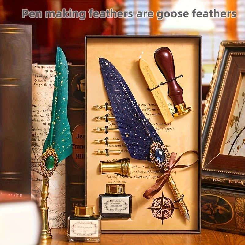 1 Set Jubaboz Calligraphy Pen Set - Luxurious Gift Box with Wax Seal, Vintage Feather & Mechanical Gear Pens - Authentic Antique Writing Experience for Artistic Ink Dipping