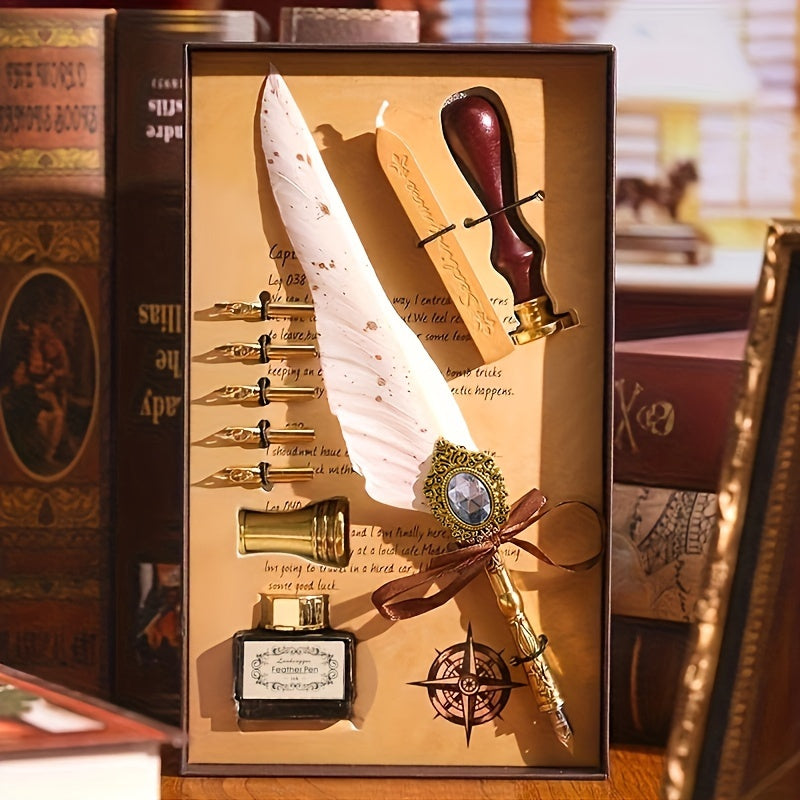 1 Set Jubaboz Calligraphy Pen Set - Luxurious Gift Box with Wax Seal, Vintage Feather & Mechanical Gear Pens - Authentic Antique Writing Experience for Artistic Ink Dipping