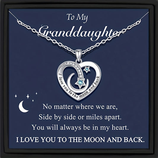 Timeless Heart, Star, Moon Charm Necklace - Fashionable Copper Pendant with Emotional Message Card - Premium Gift Box for Cherished Granddaughters - Perfect Birthday or Christmas Decorative Accessory
