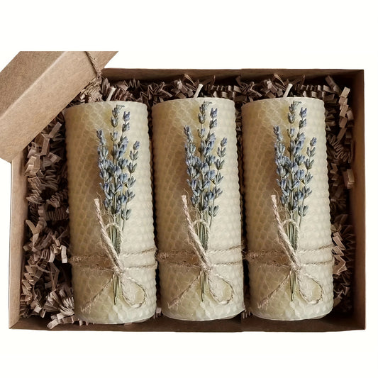 3pcs Elegant Beeswax Candle Set with Lavender & Honeycomb Design - Scented, Indoor Decorative Candles for Home, Parties, Weddings | Perfect for Christmas, Thanksgiving, Mother'S Day, and More