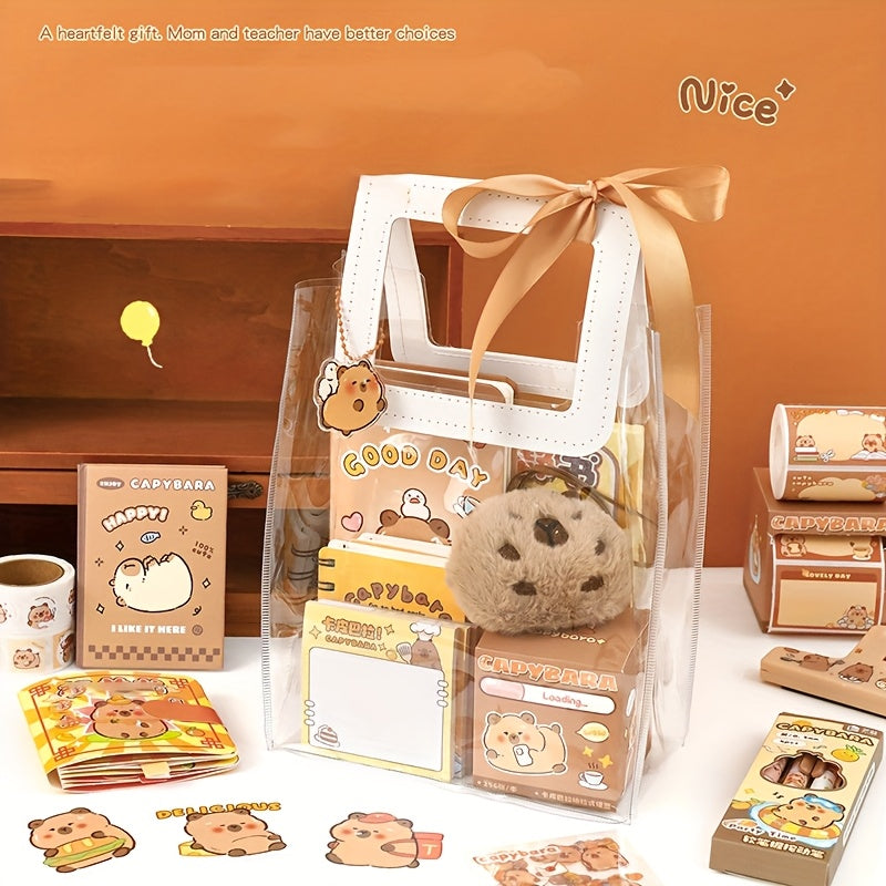 Capybara-Themed Stationery Gift Set, Fine Writing Instruments Bundle, Plastic, Yellow, with Notepads, Pens, and Accessories, for Students, Graduates, Journaling, and Birthday Presents, Age 14+