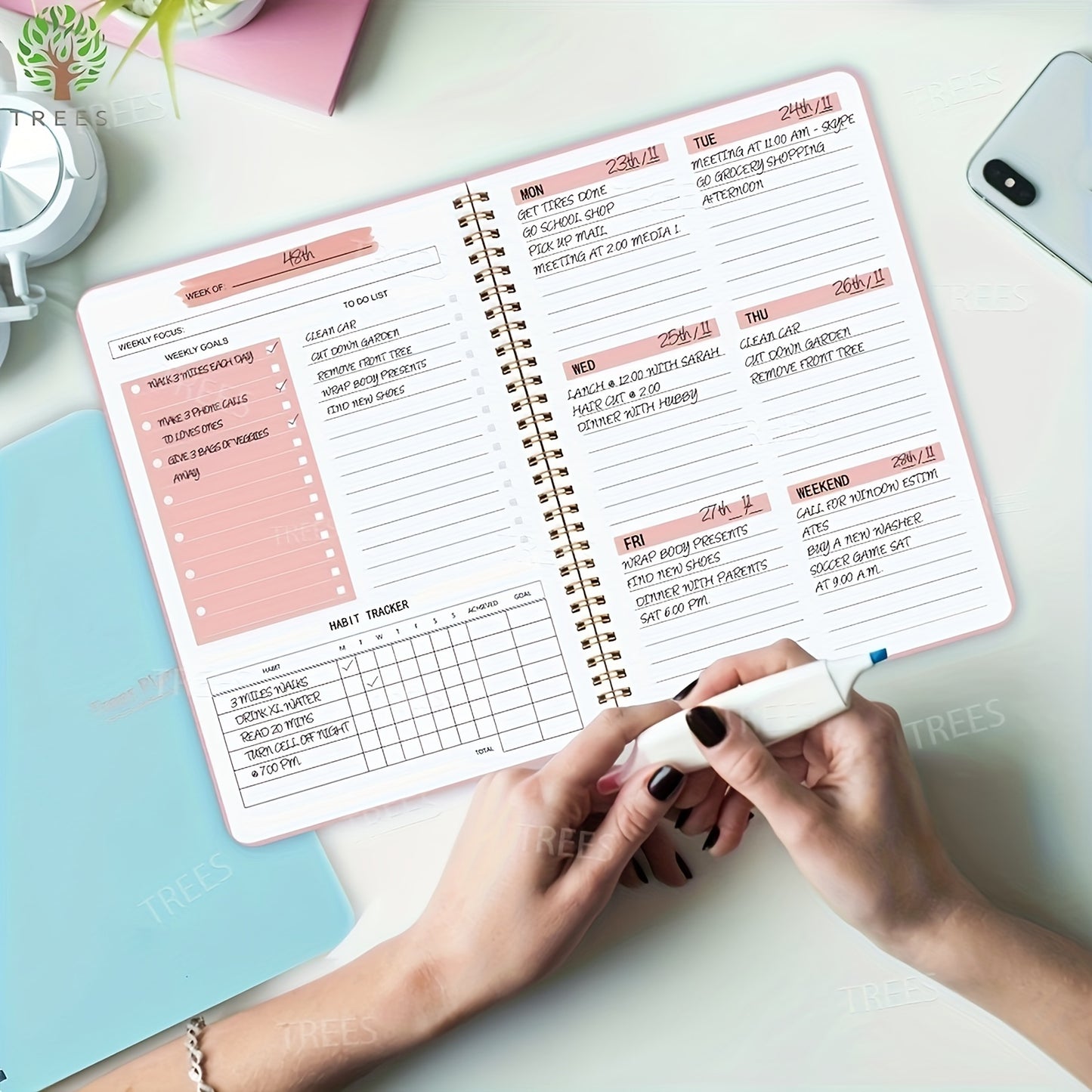 1pc Trees Spiral Undated A5 Daily Weekly Notebook Planner Agenda, Stationery Office School Supplies, Record daily plans to achieve future goals, 8, 3*5, 12.7 cm, 52 Sheets, 3pcs stickers, 4, 7*7, 17.78 cm