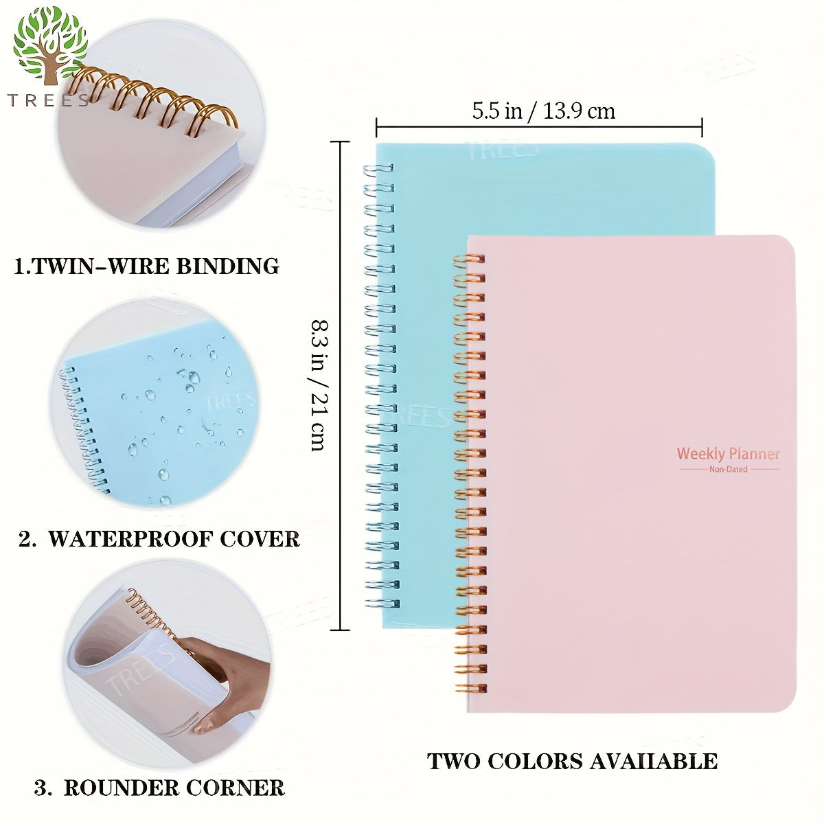 1pc Trees Spiral Undated A5 Daily Weekly Notebook Planner Agenda, Stationery Office School Supplies, Record daily plans to achieve future goals, 8, 3*5, 12.7 cm, 52 Sheets, 3pcs stickers, 4, 7*7, 17.78 cm