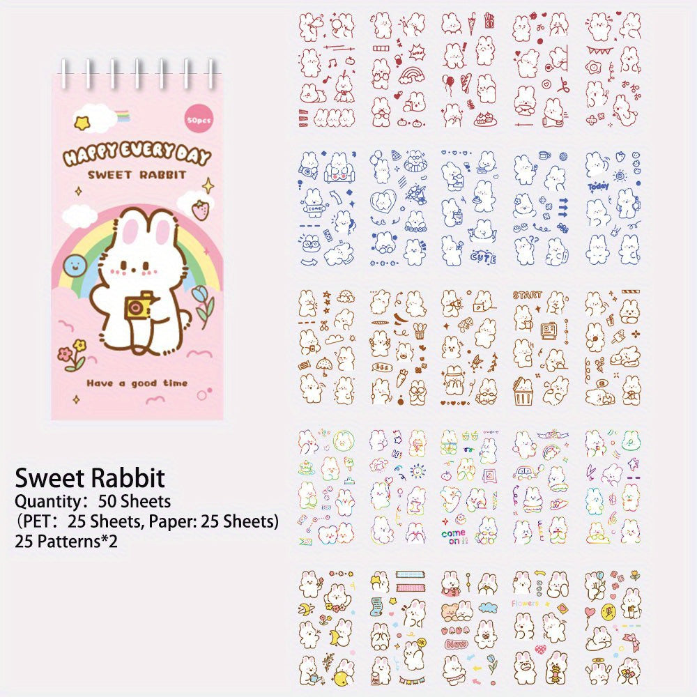 50 sheets Cute Cartoon Rabbit Stickers Set Scrapbooking Washi Stickers Waterproof PET Stickers for DIY Decorating Journaling Notebook Stationery Supplies
