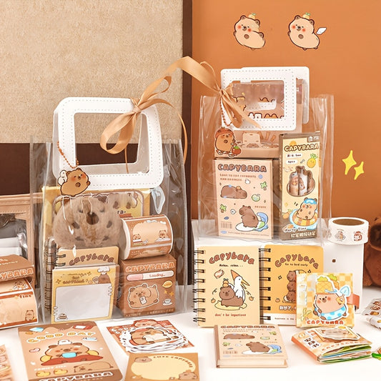 Capybara-Themed Stationery Gift Set, Fine Writing Instruments Bundle, Plastic, Yellow, with Notepads, Pens, and Accessories, for Students, Graduates, Journaling, and Birthday Presents, Age 14+