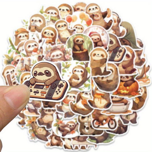 50pcs Cute Small Sloth Stickers, Brown Sloth Stickers For Decorative Luggage, Laptop, Skateboard, Guitar, Mobile Phone, Motorcycle, Helmet, Water Bottle, Party Gift, Travel Case, Stationery Stickers