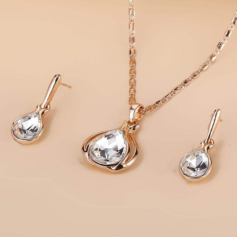 [2pcs Simple Style Jewelry Set] 2pcs Simple Style Women'S Jewelry Set, Zinc Alloy Pendant Necklace and Earrings, with Artificial Stone, for Daily Wear and Gift-Giving, Perfect for Valentine'S Day and All Seasons