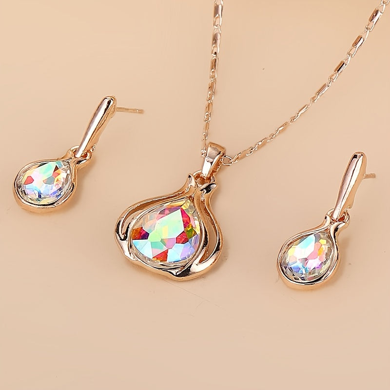 [2pcs Simple Style Jewelry Set] 2pcs Simple Style Women'S Jewelry Set, Zinc Alloy Pendant Necklace and Earrings, with Artificial Stone, for Daily Wear and Gift-Giving, Perfect for Valentine'S Day and All Seasons