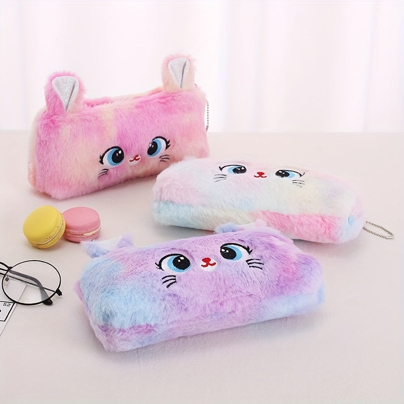 Girl's Cute Cat Storage Bag Zipper Coin Wallet Gradient Color Girl's Plush Pencil Case Stationery