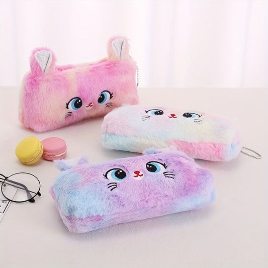 Girl's Cute Cat Storage Bag Zipper Coin Wallet Gradient Color Girl's Plush Pencil Case Stationery