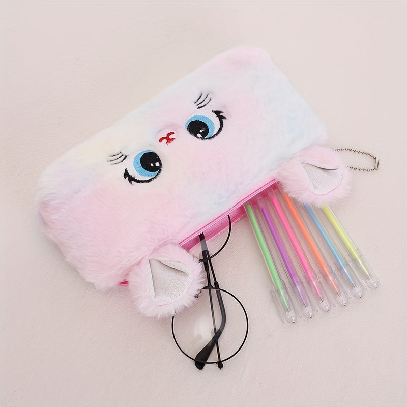 Girl's Cute Cat Storage Bag Zipper Coin Wallet Gradient Color Girl's Plush Pencil Case Stationery