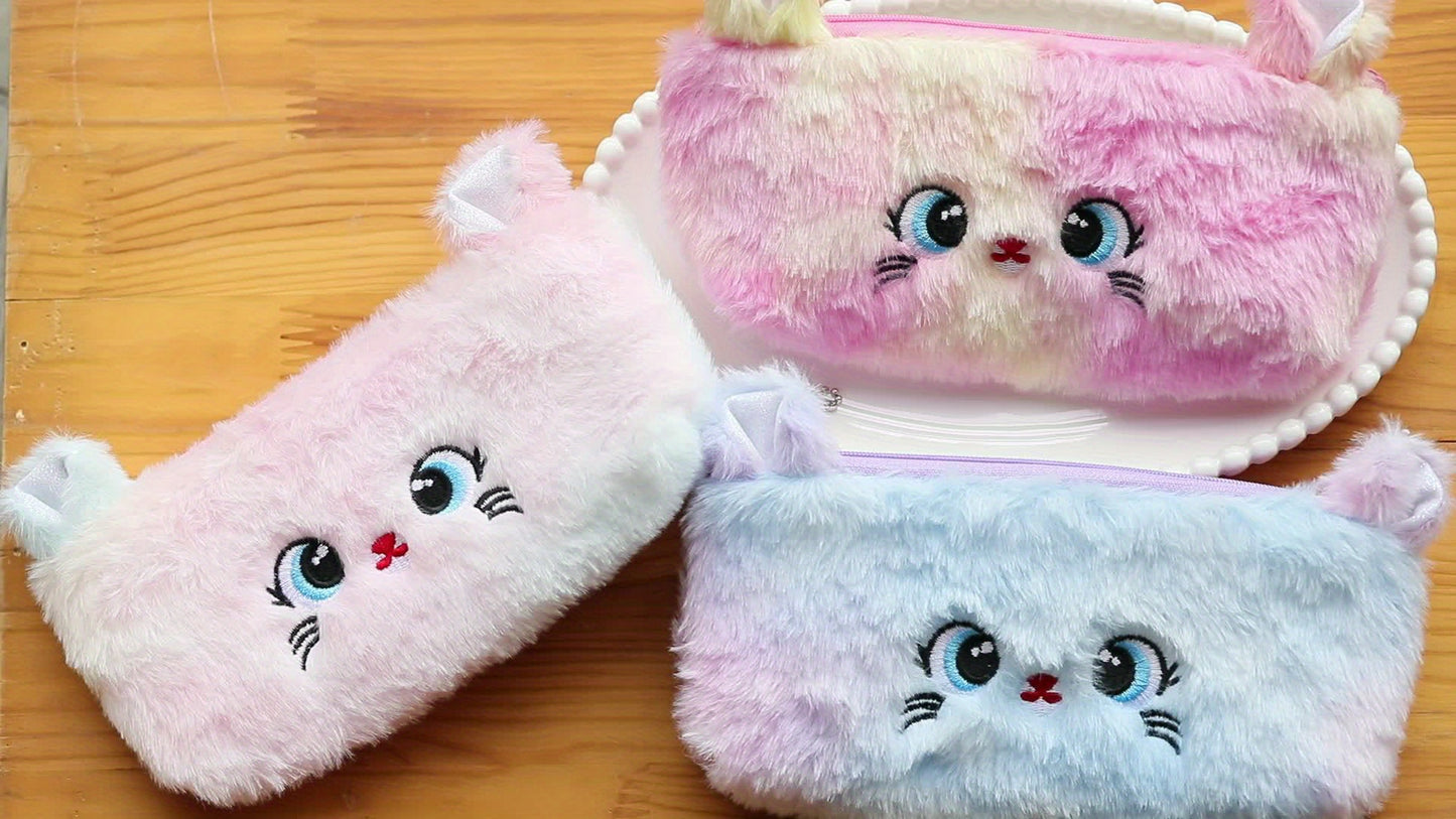 Girl's Cute Cat Storage Bag Zipper Coin Wallet Gradient Color Girl's Plush Pencil Case Stationery