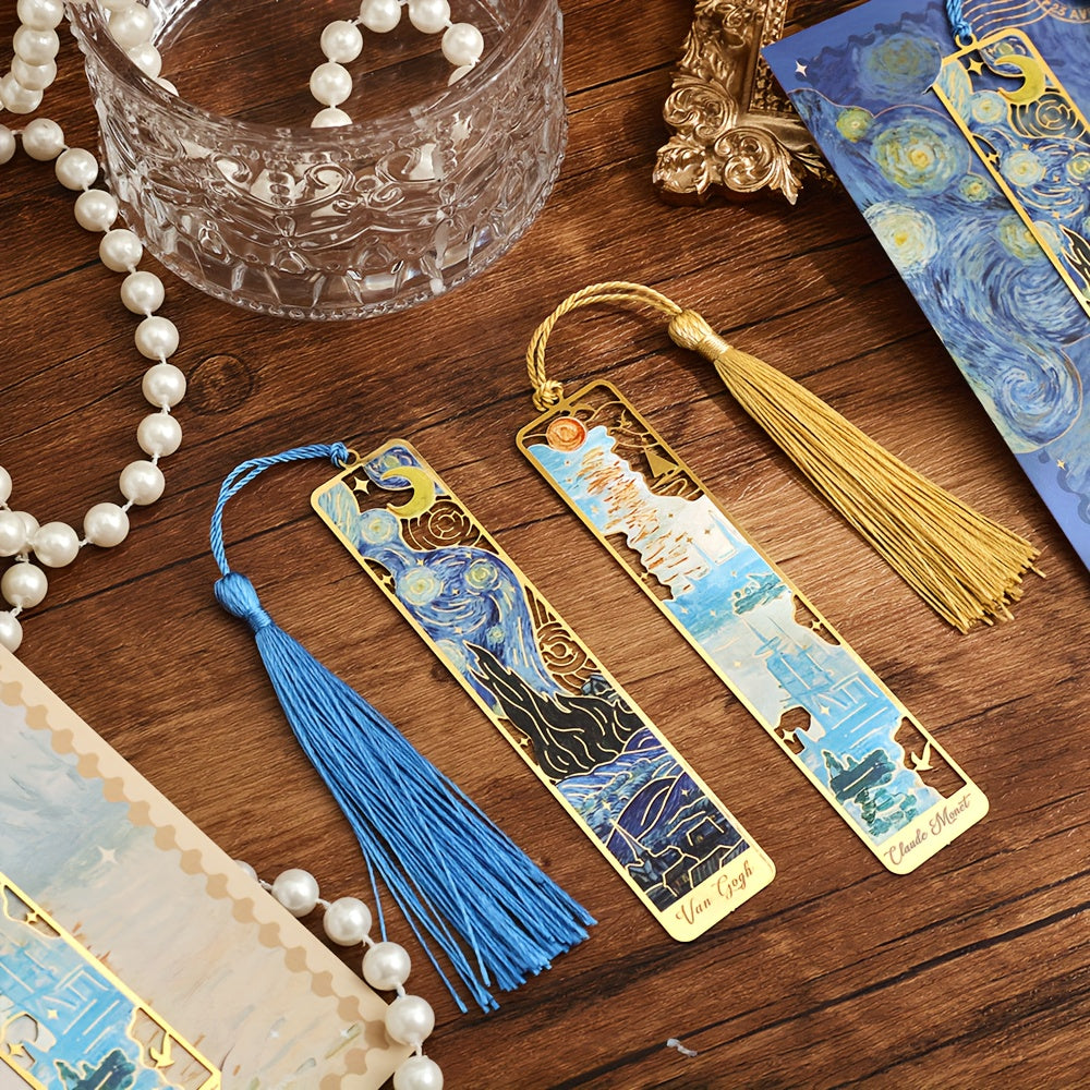 1pc Retro Floral Painting Metal Bookmark Hollow Bronzing Bookmark With Tassel Stationery Gifts For Book Club Reader Birthday Festival Writers Book Lovers Friends Teachers Students