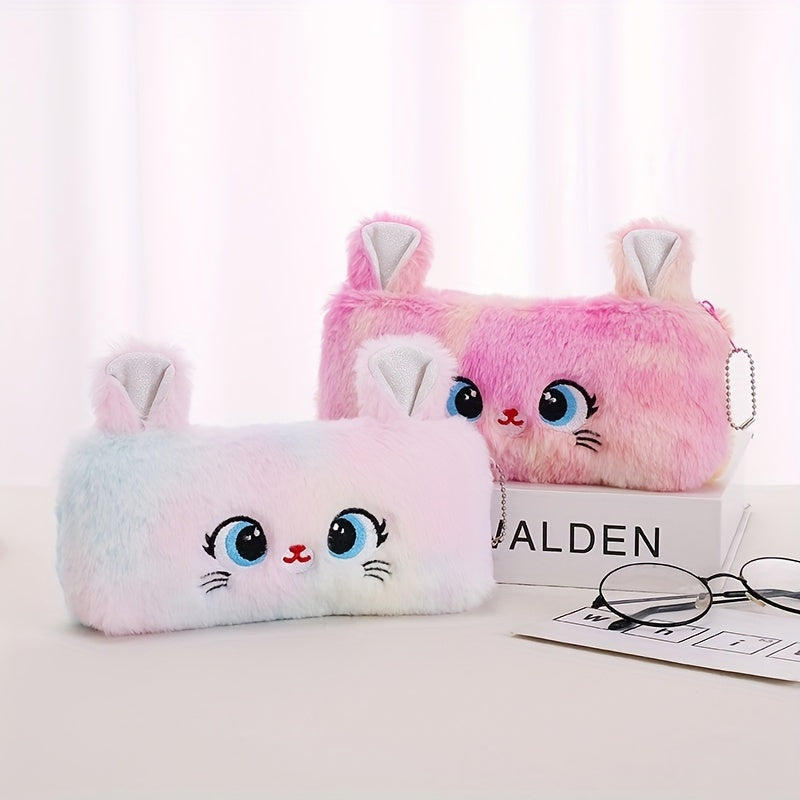 Girl's Cute Cat Storage Bag Zipper Coin Wallet Gradient Color Girl's Plush Pencil Case Stationery