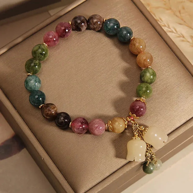 Exquisite Natural Stone Bracelet Elegant Lily of The Valley Flower Pendant Elastic Beaded Bracelets for Women Party Jewelry Gift