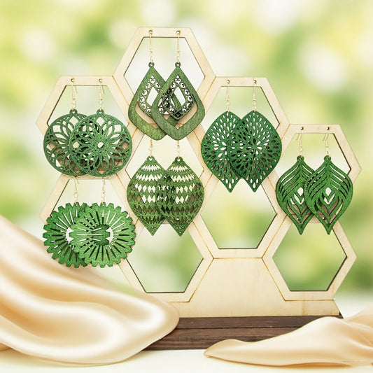6 Pairs of Forest-Themed Hollowed-Out Green Wood Ear Rings Set, Floral and Leaf-Shaped Geometric Wooden Retro Ethnic Style Women