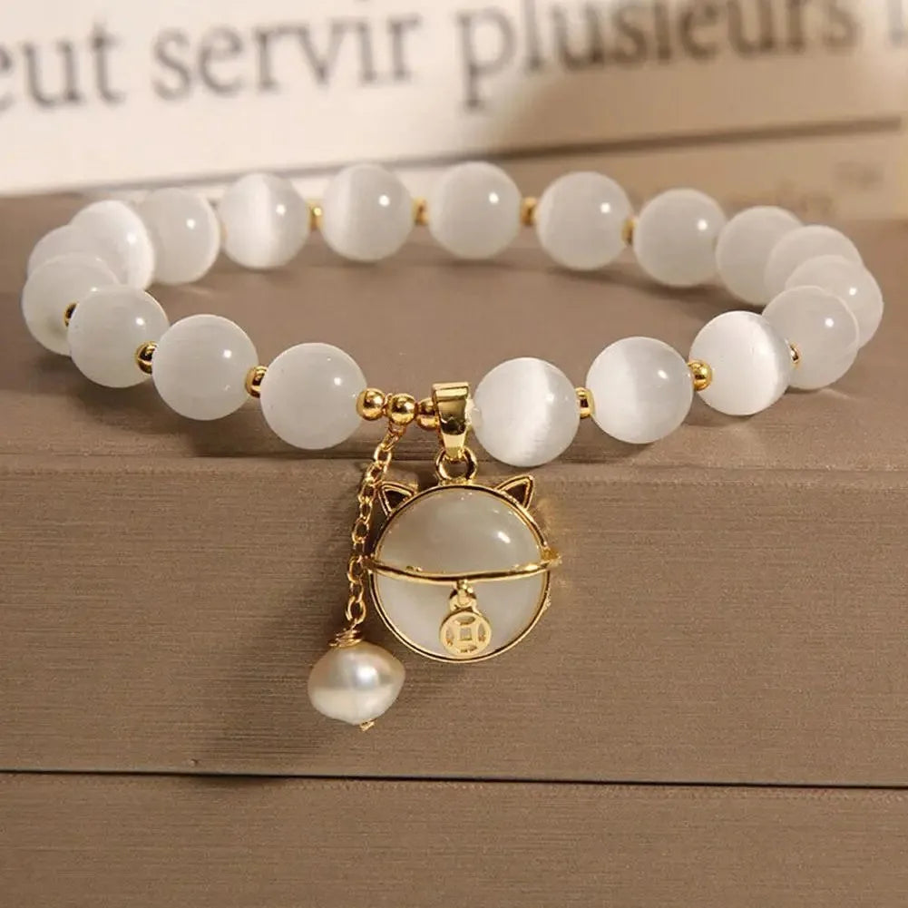 Exquisite Natural Stone Bracelet Elegant Lily of The Valley Flower Pendant Elastic Beaded Bracelets for Women Party Jewelry Gift