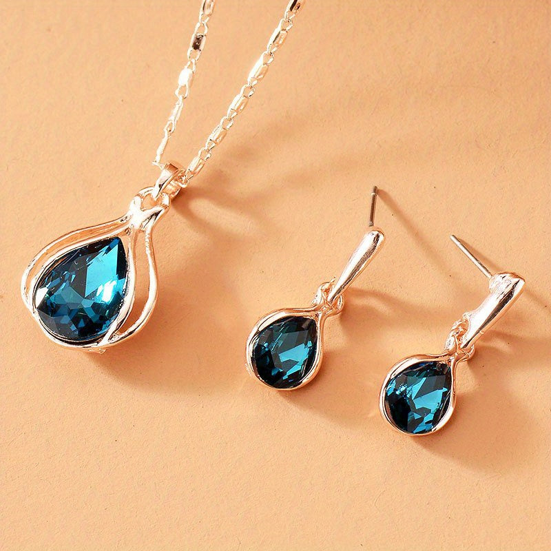 [2pcs Simple Style Jewelry Set] 2pcs Simple Style Women'S Jewelry Set, Zinc Alloy Pendant Necklace and Earrings, with Artificial Stone, for Daily Wear and Gift-Giving, Perfect for Valentine'S Day and All Seasons