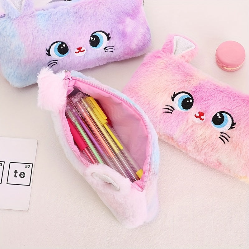Girl's Cute Cat Storage Bag Zipper Coin Wallet Gradient Color Girl's Plush Pencil Case Stationery