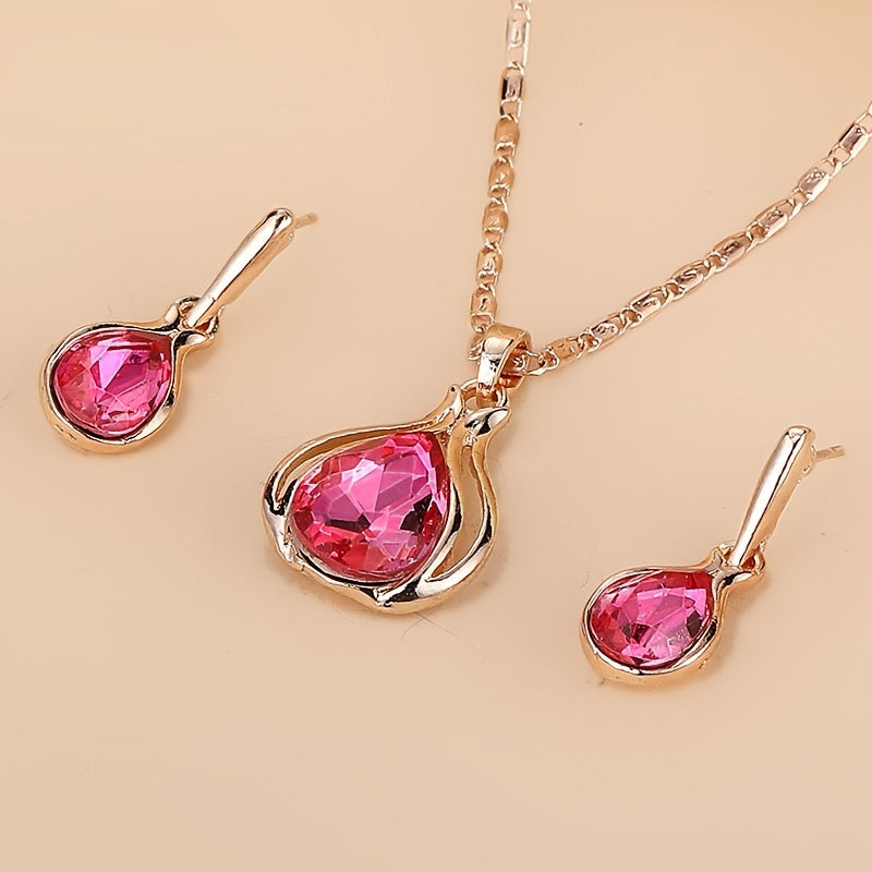 [2pcs Simple Style Jewelry Set] 2pcs Simple Style Women'S Jewelry Set, Zinc Alloy Pendant Necklace and Earrings, with Artificial Stone, for Daily Wear and Gift-Giving, Perfect for Valentine'S Day and All Seasons